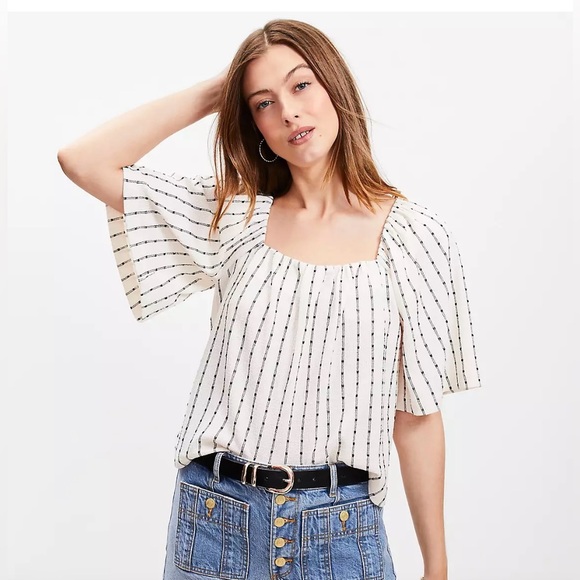 LOFT Dot Stripe Flutter Square Neck Top / Size Large (Never Worn) - Picture 6 of 12